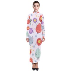 Easter Seamless Pattern With Cute Eggs Flowers Turtleneck Maxi Dress