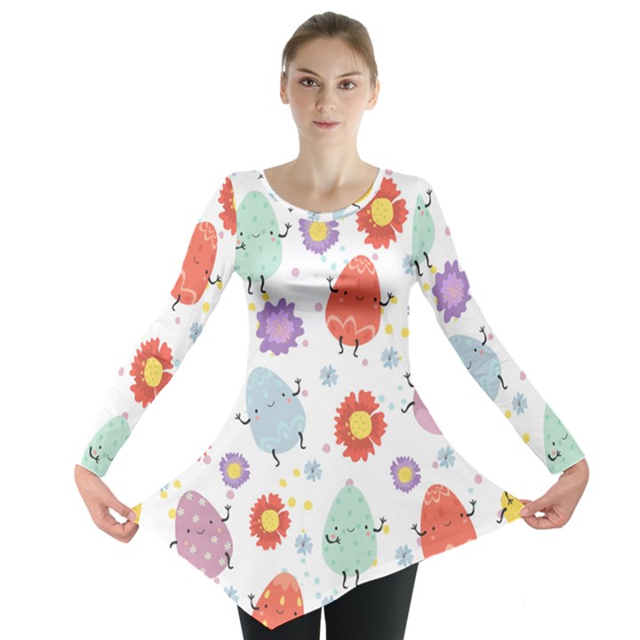 Easter Seamless Pattern With Cute Eggs Flowers Long Sleeve Tunic 