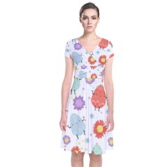 Easter Seamless Pattern With Cute Eggs Flowers Short Sleeve Front Wrap Dress