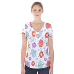 Easter Seamless Pattern With Cute Eggs Flowers Short Sleeve Front Detail Top