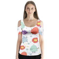 Easter Seamless Pattern With Cute Eggs Flowers Butterfly Sleeve Cutout Tee 