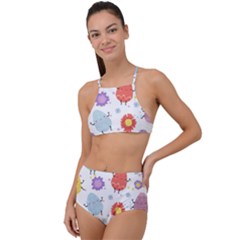 Easter Seamless Pattern With Cute Eggs Flowers High Waist Tankini Set