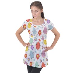 Easter Seamless Pattern With Cute Eggs Flowers Puff Sleeve Tunic Top by Jancukart