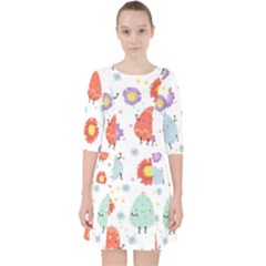 Easter Seamless Pattern With Cute Eggs Flowers Quarter Sleeve Pocket Dress