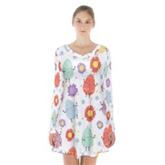 Easter Seamless Pattern With Cute Eggs Flowers Long Sleeve Velvet V-neck Dress