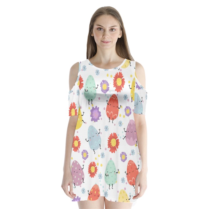 Easter Seamless Pattern With Cute Eggs Flowers Shoulder Cutout Velvet One Piece