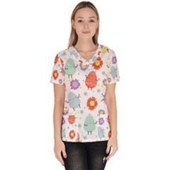 Easter Seamless Pattern With Cute Eggs Flowers Women s V-neck Scrub Top