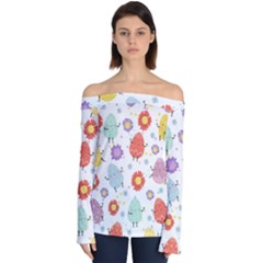 Easter Seamless Pattern With Cute Eggs Flowers Off Shoulder Long Sleeve Top