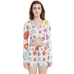 Easter Seamless Pattern With Cute Eggs Flowers Velvet Wrap Crop Top And Shorts Set