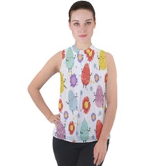 Easter Seamless Pattern With Cute Eggs Flowers Mock Neck Chiffon Sleeveless Top