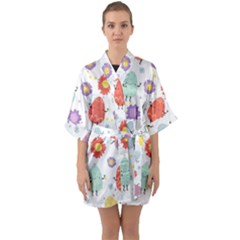 Easter Seamless Pattern With Cute Eggs Flowers Half Sleeve Satin Kimono 