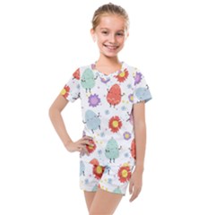 Easter Seamless Pattern With Cute Eggs Flowers Kids  Mesh Tee And Shorts Set