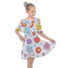 Easter Seamless Pattern With Cute Eggs Flowers Kids  Shoulder Cutout Chiffon Dress