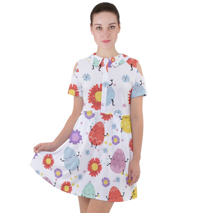 Easter Seamless Pattern With Cute Eggs Flowers Short Sleeve Shoulder Cut Out Dress 