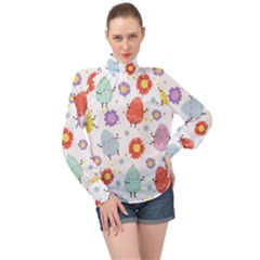 Easter Seamless Pattern With Cute Eggs Flowers High Neck Long Sleeve Chiffon Top by Jancukart