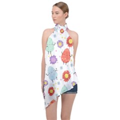 Easter Seamless Pattern With Cute Eggs Flowers Halter Asymmetric Satin Top