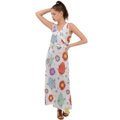 Easter Seamless Pattern With Cute Eggs Flowers V-neck Chiffon Maxi Dress