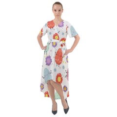 Easter Seamless Pattern With Cute Eggs Flowers Front Wrap High Low Dress