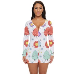 Easter Seamless Pattern With Cute Eggs Flowers Long Sleeve Boyleg Swimsuit