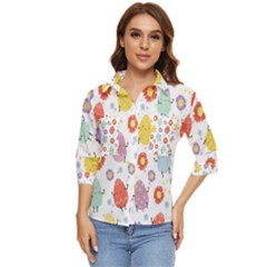 Easter Seamless Pattern With Cute Eggs Flowers Women s Quarter Sleeve Pocket Shirt