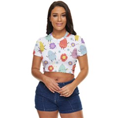 Easter Seamless Pattern With Cute Eggs Flowers Side Button Cropped Tee