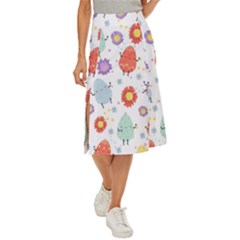 Easter Seamless Pattern With Cute Eggs Flowers Midi Panel Skirt