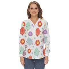 Easter Seamless Pattern With Cute Eggs Flowers Zip Up Long Sleeve Blouse