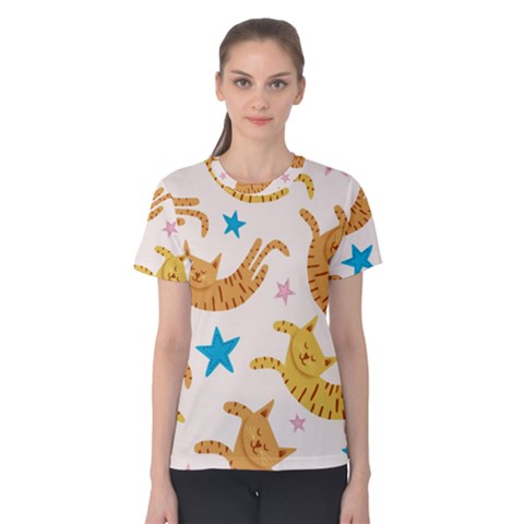 Cute Cats Seamless Pattern With Stars Funny Drawing Kittens Women s Cotton Tee by Jancukart