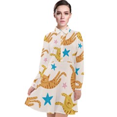 Cute Cats Seamless Pattern With Stars Funny Drawing Kittens Long Sleeve Chiffon Shirt Dress by Jancukart