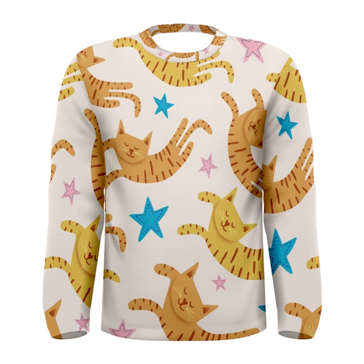 Cute Cats Seamless Pattern With Stars Funny Drawing Kittens Men s Long Sleeve Tee