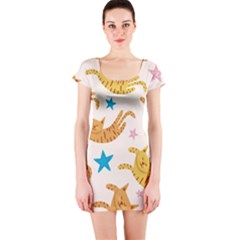 Cute Cats Seamless Pattern With Stars Funny Drawing Kittens Short Sleeve Bodycon Dress