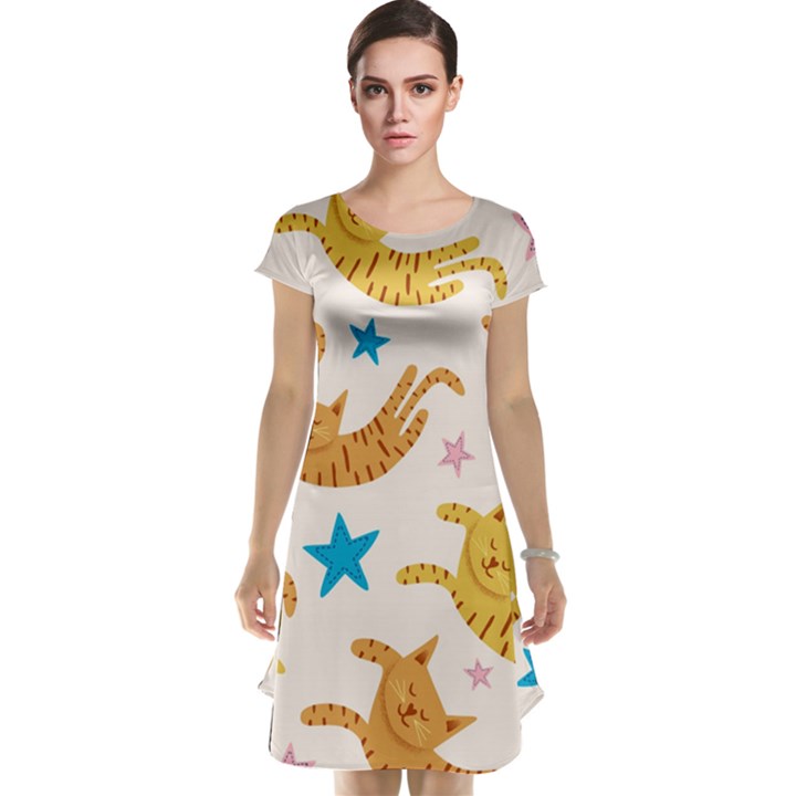 Cute Cats Seamless Pattern With Stars Funny Drawing Kittens Cap Sleeve Nightdress