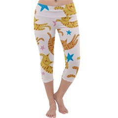 Cute Cats Seamless Pattern With Stars Funny Drawing Kittens Capri Yoga Leggings