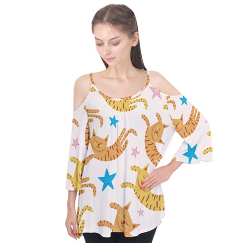 Cute Cats Seamless Pattern With Stars Funny Drawing Kittens Flutter Sleeve Tee  by Jancukart