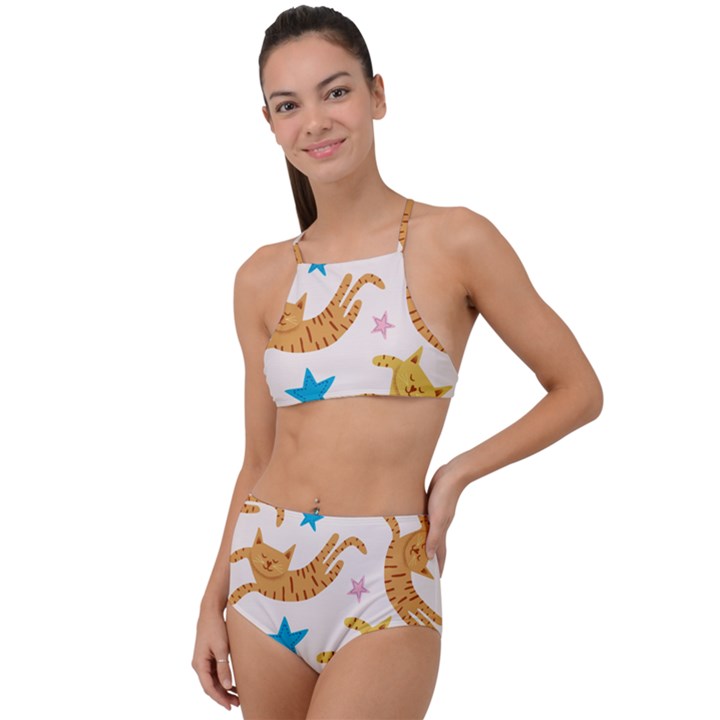 Cute Cats Seamless Pattern With Stars Funny Drawing Kittens High Waist Tankini Set