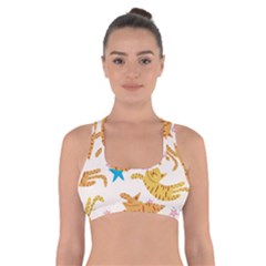 Cute Cats Seamless Pattern With Stars Funny Drawing Kittens Cross Back Sports Bra