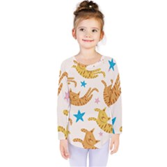 Cute Cats Seamless Pattern With Stars Funny Drawing Kittens Kids  Long Sleeve Tee