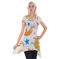 Cute Cats Seamless Pattern With Stars Funny Drawing Kittens Short Sleeve Side Drop Tunic