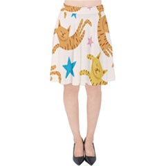 Cute Cats Seamless Pattern With Stars Funny Drawing Kittens Velvet High Waist Skirt