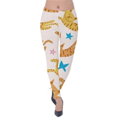 Cute Cats Seamless Pattern With Stars Funny Drawing Kittens Velvet Leggings