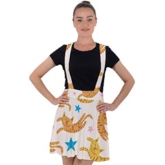 Cute Cats Seamless Pattern With Stars Funny Drawing Kittens Velvet Suspender Skater Skirt