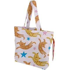 Cute Cats Seamless Pattern With Stars Funny Drawing Kittens Drawstring Tote Bag by Jancukart