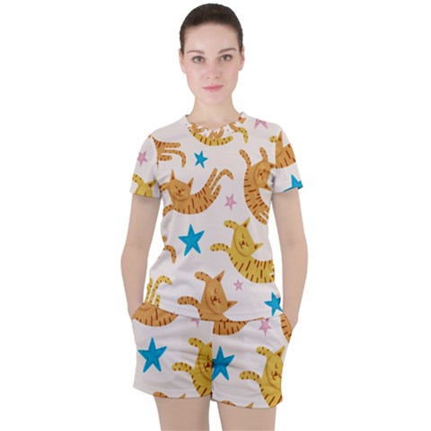 Cute Cats Seamless Pattern With Stars Funny Drawing Kittens Women s Tee And Shorts Set by Jancukart