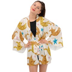 Cute Cats Seamless Pattern With Stars Funny Drawing Kittens Long Sleeve Kimono by Jancukart