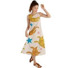 Cute Cats Seamless Pattern With Stars Funny Drawing Kittens Summer Maxi Dress