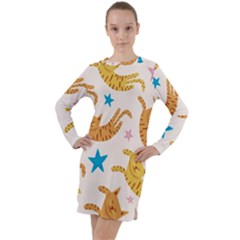 Cute Cats Seamless Pattern With Stars Funny Drawing Kittens Long Sleeve Hoodie Dress