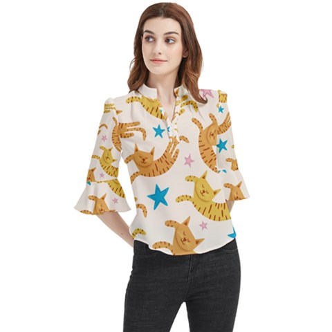 Cute Cats Seamless Pattern With Stars Funny Drawing Kittens Loose Horn Sleeve Chiffon Blouse by Jancukart