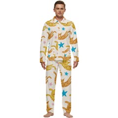 Cute Cats Seamless Pattern With Stars Funny Drawing Kittens Men s Long Sleeve Velvet Pocket Pajamas Set