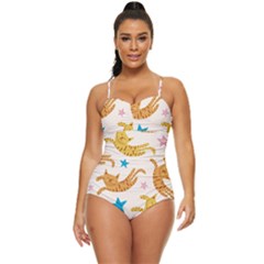 Cute Cats Seamless Pattern With Stars Funny Drawing Kittens Retro Full Coverage Swimsuit