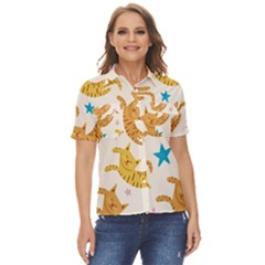 Cute Cats Seamless Pattern With Stars Funny Drawing Kittens Women s Short Sleeve Double Pocket Shirt